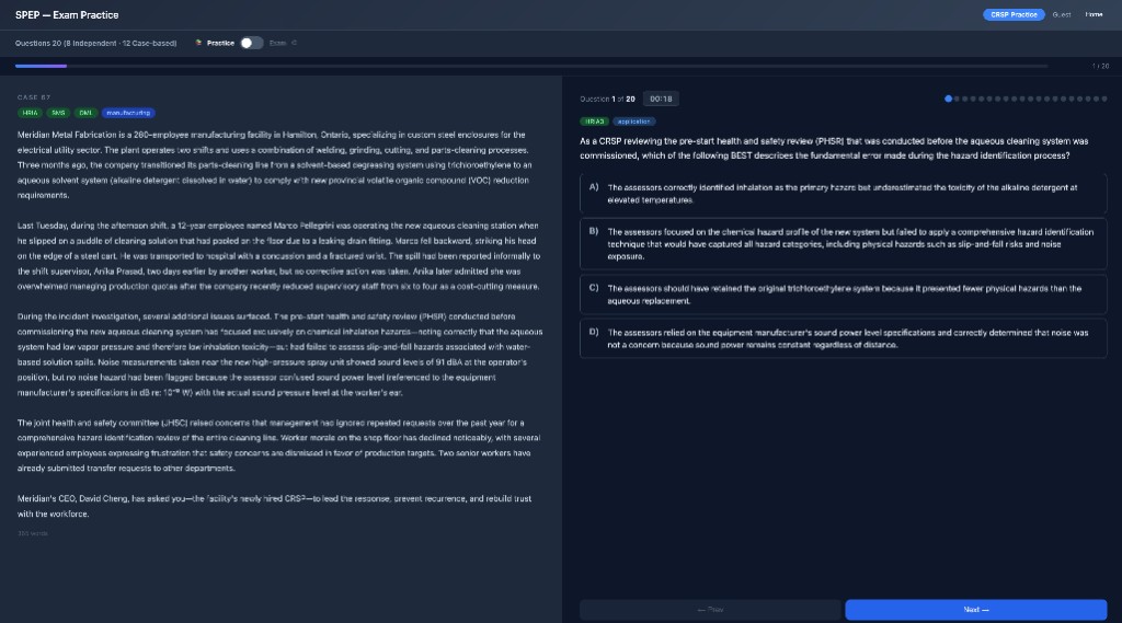 CRSP CRST practice exam interface with case-based scenario and multiple choice questions