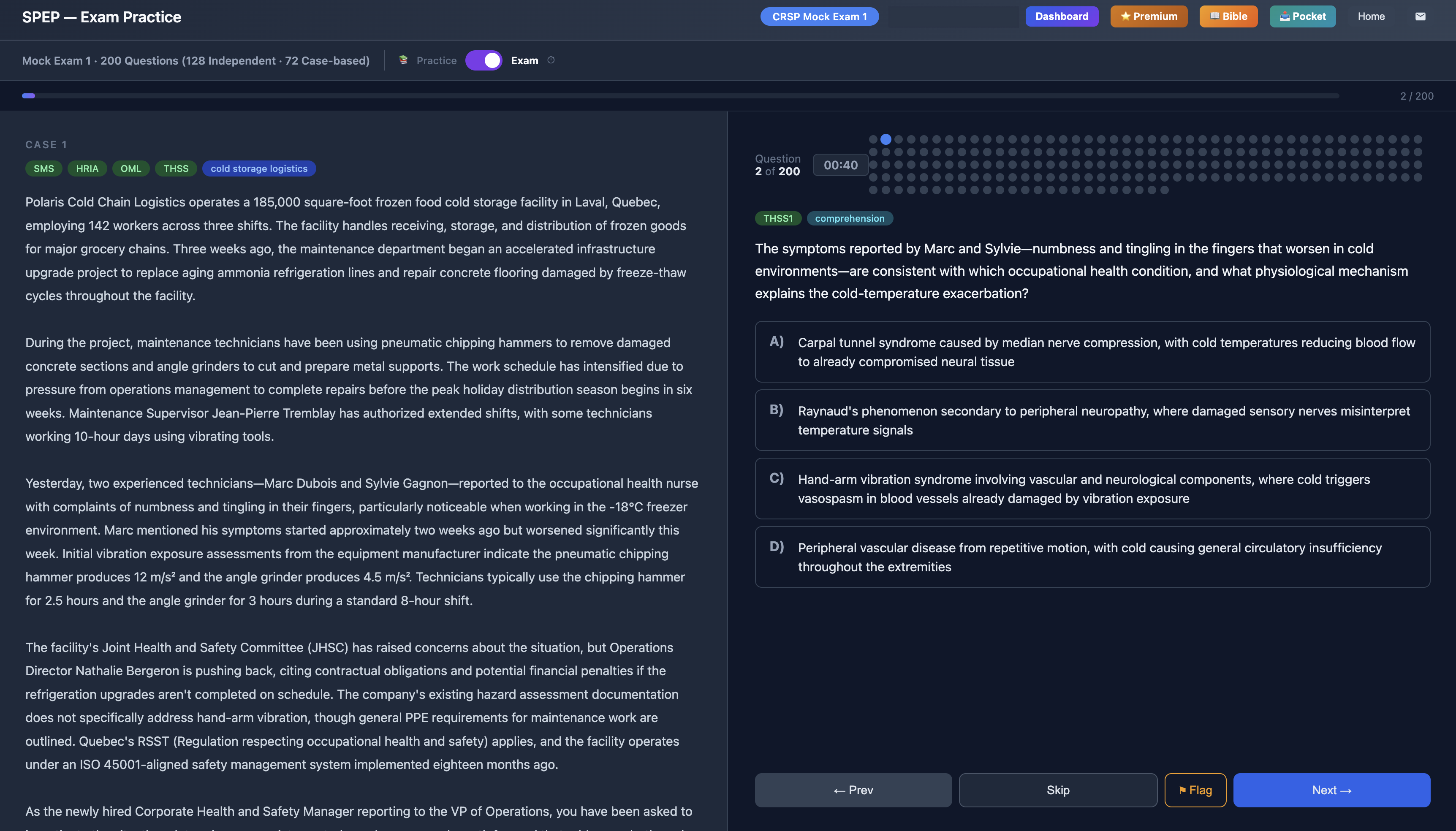 CRSP exam software interface: a case-based scenario on the left, the current question and answer choices on the right, a question-grid navigator, a timer, and Prev / Skip / Flag / Next controls