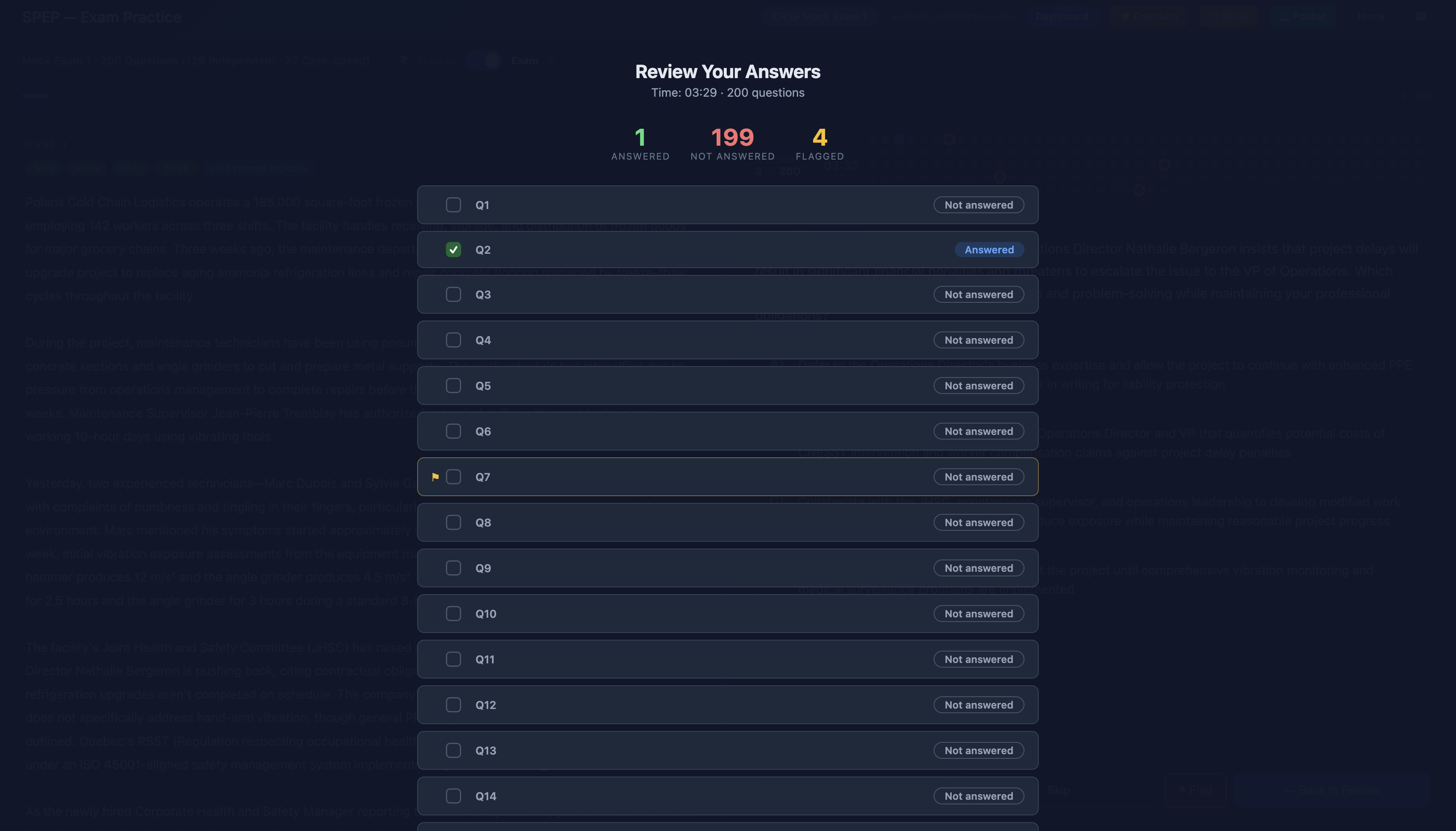 Exam review screen listing every question with a checkbox for answered, a flag icon for flagged, the question number, and an Answered or Not answered status — with a Submit Exam button
