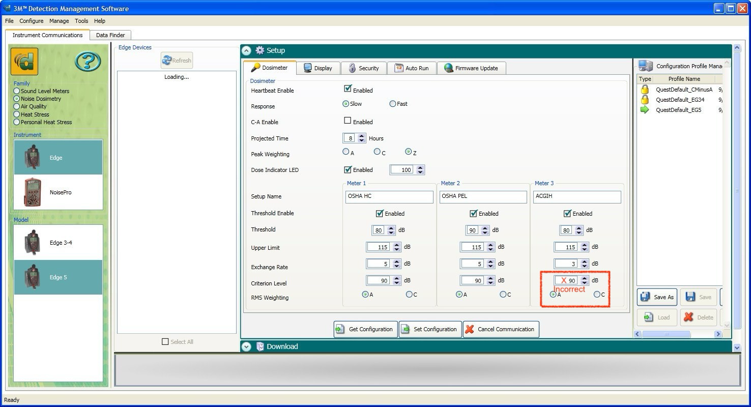 3M Detection Management Software dosimeter setup screen showing three meters — OSHA HC, OSHA PEL, and ACGIH — with the ACGIH meter's Criterion Level incorrectly set to 90 dB instead of 85 dB, circled in red