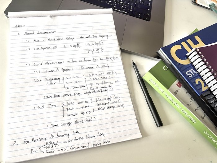 Handwritten study notes on sound measurement — dB equations, frequency filters A/C/Z, and time weighting Slow/Fast/Impulse