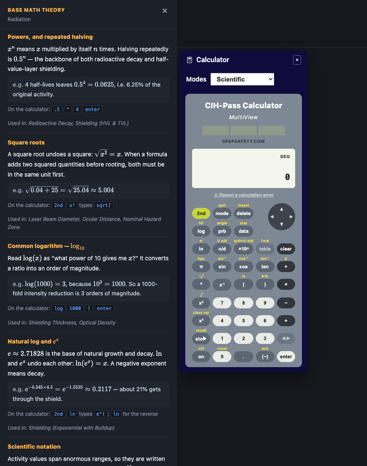 CIH Equation Master Base Math Theory sidebar covering powers, square roots, logarithms, and scientific notation with exact calculator keystrokes, alongside the built-in scientific calculator