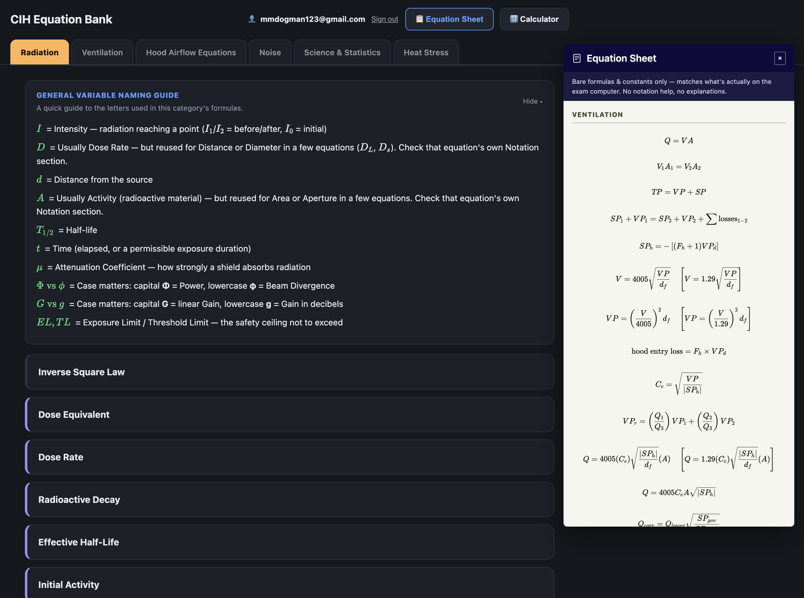 CIH Equation Master Equation Sheet mode, showing bare formulas and constants with no notation help, matching the real exam computer, alongside the built-in calculator