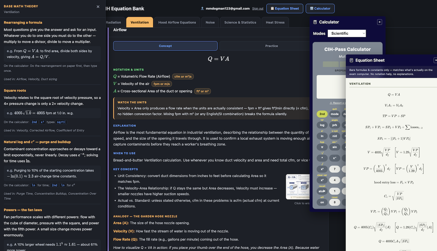CIH Equation Master full app overview, showing the Base Math Theory sidebar, category tabs, the Ventilation Airflow equation with notation and an analogy, the built-in calculator, and the Equation Sheet panel all together