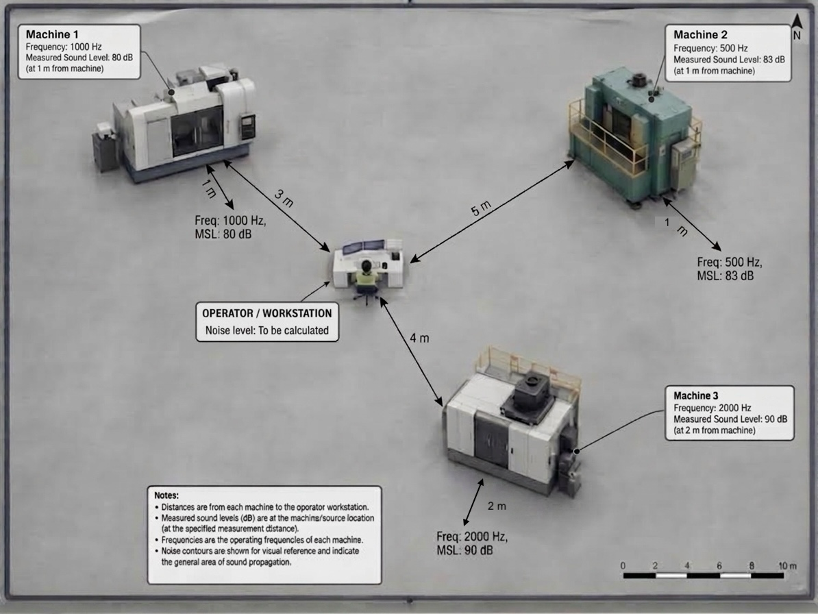 Diagram of three machines around an operator workstation — Machine 1 at 1000 Hz, 80 dB at 1m, 3m from operator; Machine 2 at 500 Hz, 83 dB at 1m, 5m from operator; Machine 3 at 2000 Hz, 90 dB at 2m, 4m from operator