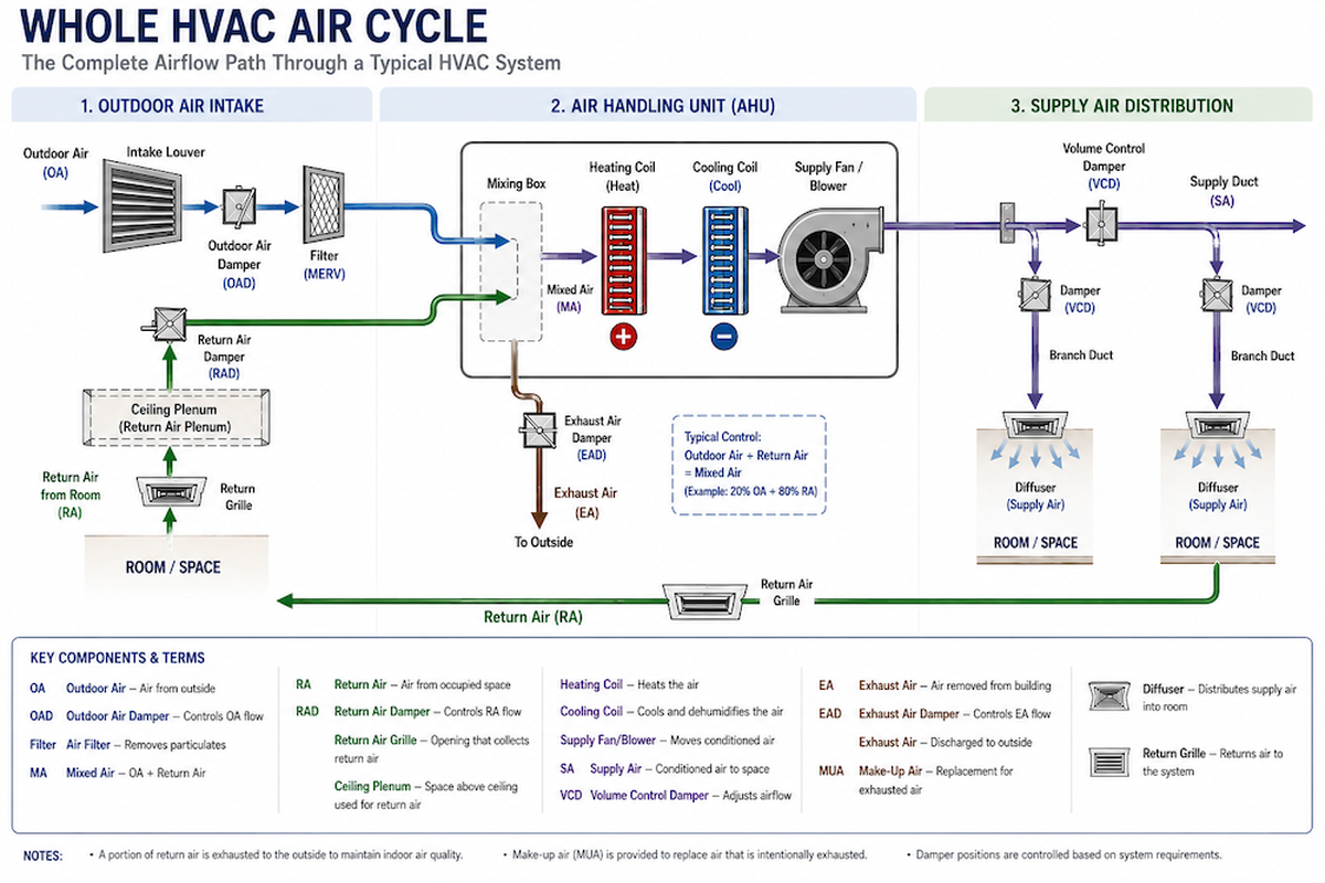 HVAC air cycle diagram showing outdoor air intake, mixing box, heating and cooling coils, supply fan, supply ductwork to diffusers, return air path back through the return grille, and exhaust and make-up air